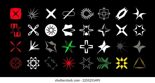 Set of geometric logos space explosion, dazzling flash. Modern bold brutalist objects and shapes of the sun and stars. Colorful minimalistic figures silhouettes. Contemporary design.