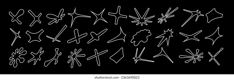 Set of geometric logos space explosion, dazzling flash. Modern bold brutalist objects and shapes of the sun and stars. Colorful minimalistic figures silhouettes. Contemporary design.