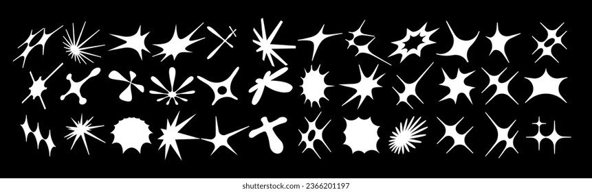 Set of geometric logos space explosion, dazzling flash. Modern bold brutalist objects and shapes of the sun and stars. Colorful minimalistic figures silhouettes. Contemporary design.