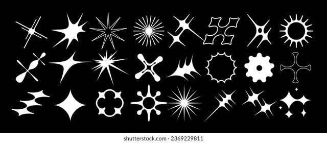 Conjunto de logotipos geométricos explosión espacial, destello deslumbrante. Objetos brutalistas y brutales modernos y audaces de sol y estrellas. Silhouettes de figuras minimalistas coloridas. Diseño contemporáneo.