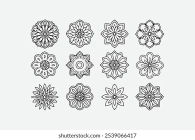 Set of geometric mandala designs vector illustration minimalist, twelve  line arts of intricate mandala designs, mandala vector set, easily editable file.