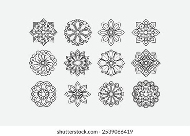 Set of geometric mandala designs vector illustration minimalist, twelve  line arts of intricate mandala designs, mandala vector set, easily editable file.