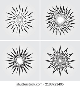 Set of geometric mandala element design vector templates in stars, sunburst, sun rays, beams of light shape patterns.