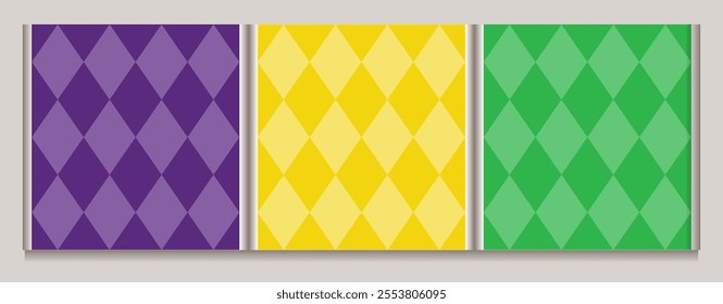 Set of geometric Mardi Gras patterns with Harlequin ornament. Diagonal rhombus grid. Flat simple style. Vintage style.