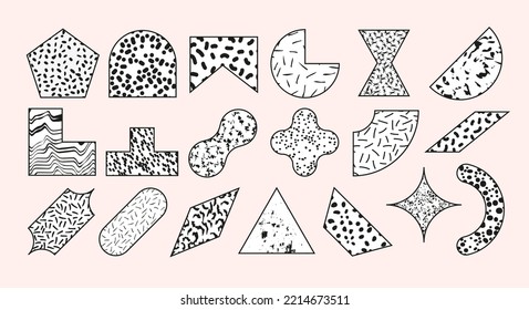 Set of geometric memphis shapes. Abstract simple basic shapes with patterns and textures. Modern design, decorative elements. Vector illustration