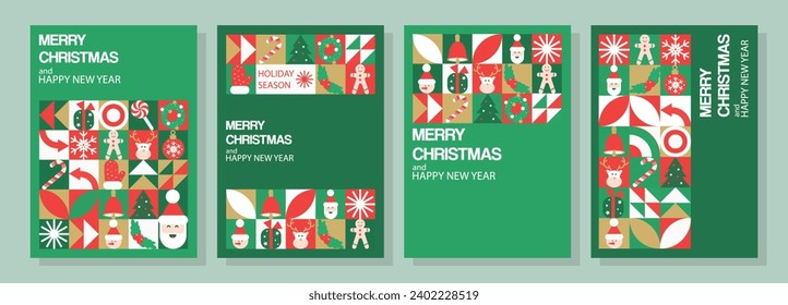 Set of geometric Merry Christmas and Happy New Year posters. Modern minimalistic abstract shapes for Invitation, banner, poster, template, cover, web 