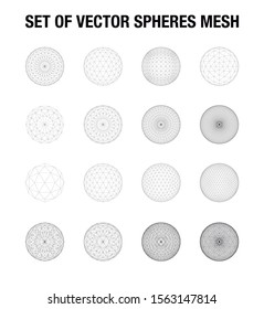 
Set of geometric mesh sphere, wireframe of globe, with triangle polygon, or circular logo. 
