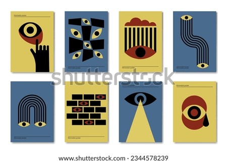 Set of geometric minimalist bauhaus posters. Wall art. Vector illustration. Retro eyes design in yellow, blue, red and black colors.