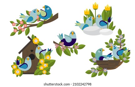 Set of geometric minimalistic birds near nests and birdhouses. Geometric vector composition for spring, summer and Easter