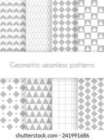 Set of geometric minimalistic seamless patterns in white and gray colors. Vector illustration