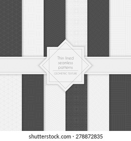 Set of geometric minimalistic thin lined seamless patterns in light and dark colors. Vector illustration