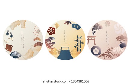 Set of geometric modern graphic elements vector. Asian icons with Japanese pattern. Abstract banners with wave, cherry blossom, bonsai and Fuji mount symbol. Template for logo design.