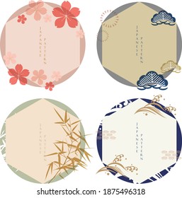 Set Of Geometric Modern Graphic Elements Vector. Asian Icons With Japanese Pattern. Abstract Banners With Cherry Blossom Flower, Bamboo, Bonsai And Wave Elements. Logo Design In Vintage Style.