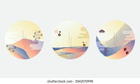 Set of geometric modern graphic elements vector. Asian icons and symbol with Japanese pattern. Abstract banners with template for logo design, flyer or presentation in vintage style.