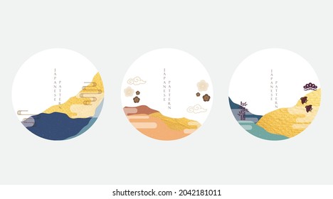 Conjunto de elementos gráficos geométricos modernos vector. Iconos y símbolos asiáticos con un patrón japonés. Pancartas de arte abstractas con plantilla para el diseño del logotipo en estilo vintage. Textura de oro.
