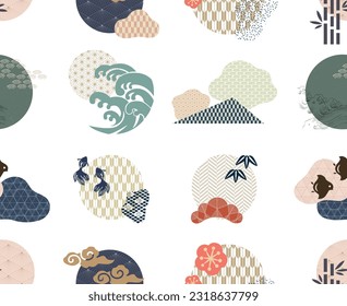 Set of geometric modern graphic elements vector. Asian icons with Japanese seamless pattern. Abstract banners with natural style. Template for logo design, flyer or presentation. 