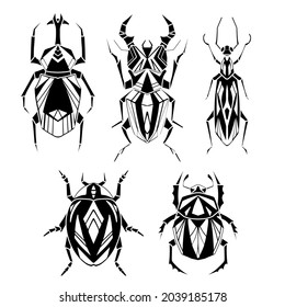 Set Of Geometric Monochrome Insects With Poly Decorations. Vector Black Silhouette Of Geometrical Stag Beetle, Flying Ant, Ladybug, Bedbug In Retro Colors. Stylish Print Bugs For Logo