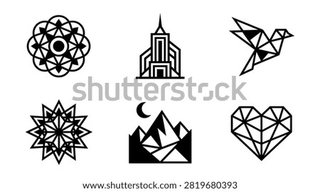 Set of geometric monochrome line art icons featuring abstract mandala, skyscraper building, origami bird, starburst pattern, mountain landscape with moon, and polygonal heart vector