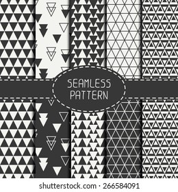 Set of geometric monochrome seamless pattern with triangle. Collection of paper for scrapbook. Beautiful vector background. Tiling. Stylish graphic texture for your design.