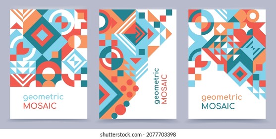 Set of geometric mosaic backgrounds with composition of simple shapes. Creative trendy concept. Abstraction, minimalism, flat. Poster, flyer, banner, invitation, cover for book, catalog, report