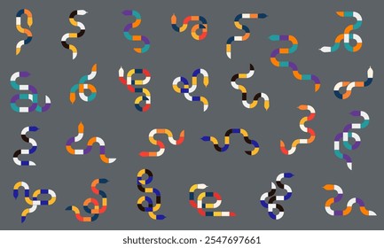 Set of geometric multicolored snakes in a minimalist design with modular shapes isolated on grey background. Abstract, modern trendy snake decor with repeating patterns, symmetry, and bold contrast