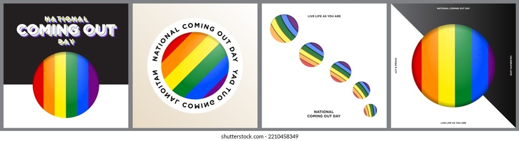 Set of Geometric National Coming Out Day Concept Artworks and Greeting Cards. Retro typography and textured rainbow pride flag. Minimalism poster template art style. Editable Vector Illustration.