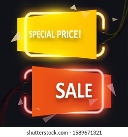 Set of geometric neon banners with triangles. Special Price Sale. Graphic concept for your design