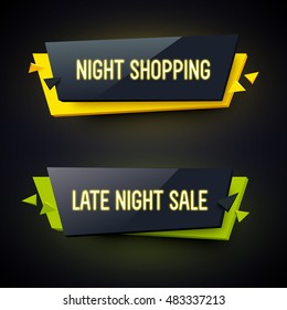 Set of geometric neon vector banners. Glossy plastic material style. Origami paper. Late Night Sale and Night Shopping labels.