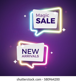 Set of geometric neon vector banners. Glossy plastic material style with some magic effects. Origami paper. Magic Sale label.