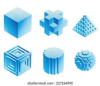 Set of geometric objects on white backgrounds. Eps8. CMYK. Organized by layers. Global colors. Gradients used.