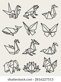 A set of geometric origami paper animals vector illustration featuring crane, frog, swan, whale, butterfly, dragon, elephant, lotus flower, and fox. Minimalist black line art design ideal for logos, tattoos, crafts, stickers, educational materials, and modern branding projects.