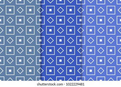 Set of geometric ornaments. Blue vertical seamless patterns for web, textile and wallpapers