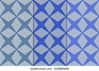 Set of geometric ornaments. Blue vertical seamless patterns for web, textile and wallpapers