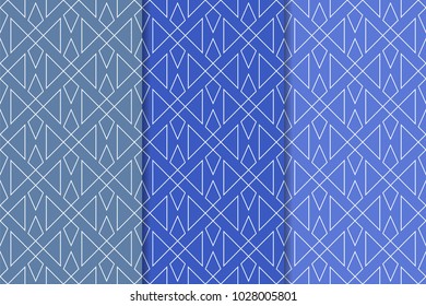 Set of geometric ornaments. Blue vertical seamless patterns for web, textile and wallpapers