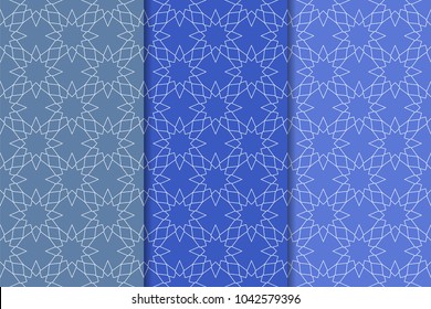 Set of geometric ornaments. Blue vertical seamless patterns for web, textile and wallpapers