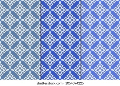 Set of geometric ornaments. Blue vertical seamless patterns for web, textile and wallpapers