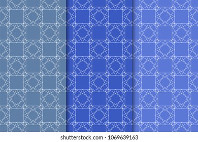 Set of geometric ornaments. Blue vertical seamless patterns for web, textile and wallpapers