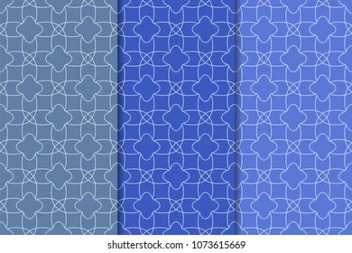 Set of geometric ornaments. Blue vertical seamless patterns for web, textile and wallpapers