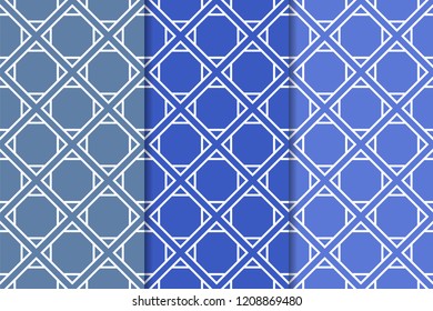 Set of geometric ornaments. Blue vertical seamless patterns for web, textile and wallpapers