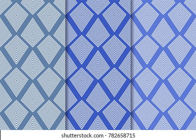 Set of geometric ornaments. Blue vertical seamless patterns for web, textile and wallpapers