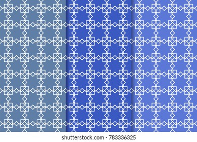Set of geometric ornaments. Blue vertical seamless patterns for web, textile and wallpapers