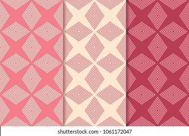 Set of geometric ornaments. Cherry red seamless patterns for web, textile and wallpapers