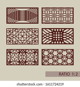 Set of geometric ornaments. Collection of decorative panel templates. The drawing is suitable for cutting paper, printing, laser cutting or engraving wood, metal. Manufacturer of stencils. Vector