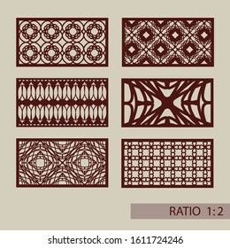 Set of geometric ornaments. Collection of decorative panel templates. The drawing is suitable for cutting paper, printing, laser cutting or engraving wood, metal. Manufacturer of stencils. Vector