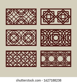 Set of geometric ornaments. Collection of decorative panel templates. The drawing is suitable for cutting paper, printing, laser cutting or engraving wood, metal. Manufacturer of stencils. Vector