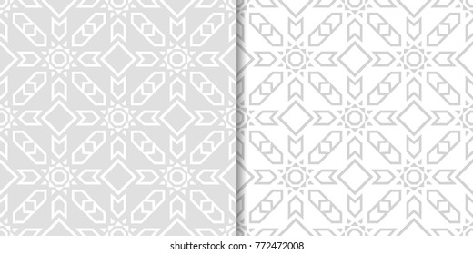 Set of geometric ornaments. Light gray seamless patterns for web, textile and wallpapers