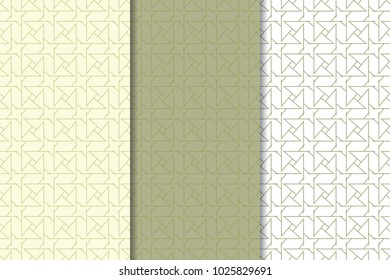 Set of geometric ornaments. Olive green and white seamless patterns for web, textile and wallpapers
