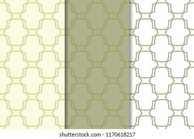 Set of geometric ornaments. Olive green and white seamless patterns for web, textile and wallpapers