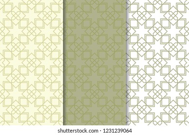 Set of geometric ornaments. Olive green and white seamless patterns for web, textile and wallpapers