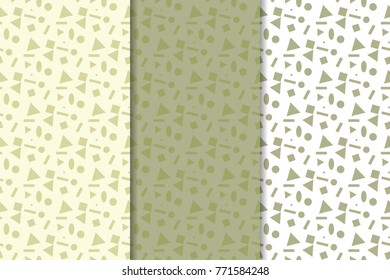 Set of geometric ornaments. Olive green and white seamless patterns for web, textile and wallpapers